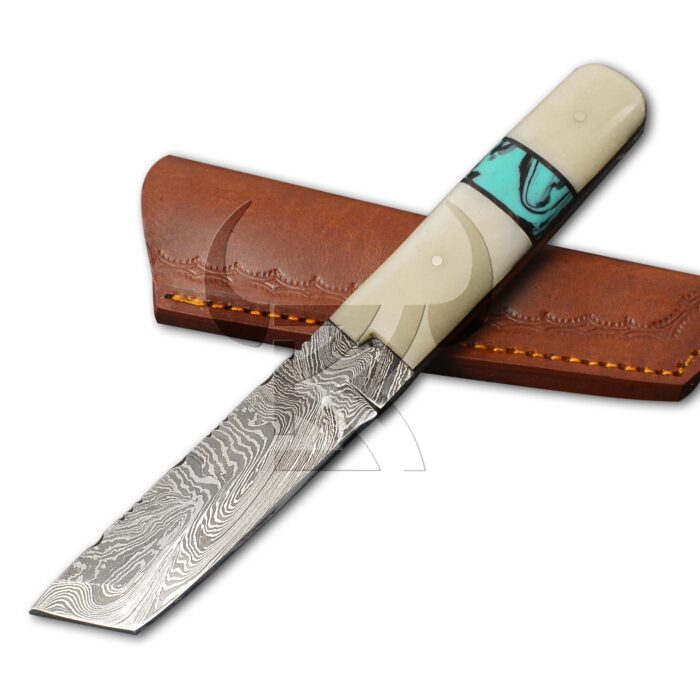 Damacus Tanto knife with sheath | Handmade Bone and turquoise Resin Tanto knife - Image 1